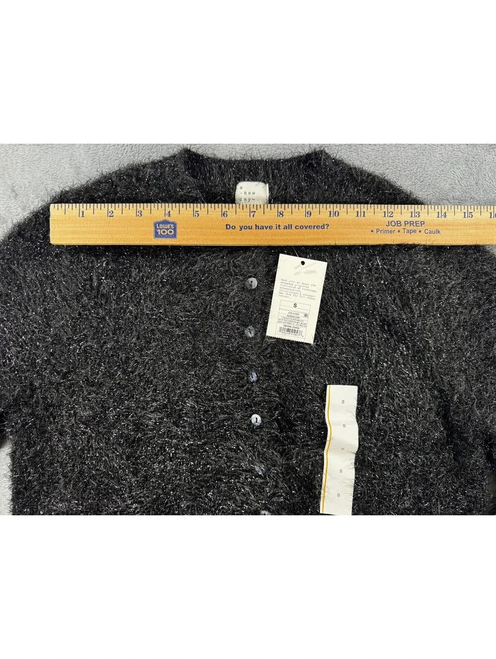 A New Day Cardigan Sweater Womens Sz Small Black Fuzzy Metallic Button Front Top